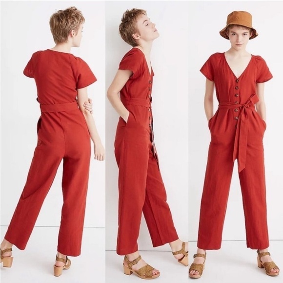 NWTs Madewell | Women’s Rust Orange Linen Blend Belted Jumpsuit Size 00 - Picture 2 of 10
